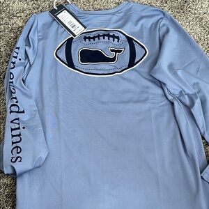 Vineyard Vines Light Blue/Gray Whale Football Long Sleeve performance tee. New.